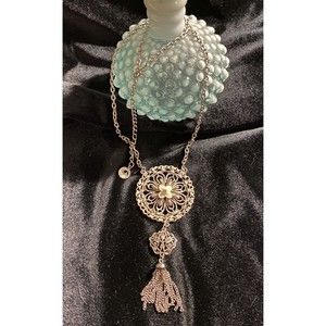 Vintage 40s Silvered Necklace Round With Tassel White Ceramic Paint